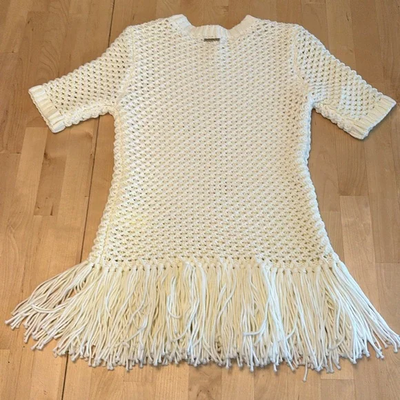 Michael Kors White New Fringe Trim Cotton-blend Knit Blouse - Picture 2 of 3